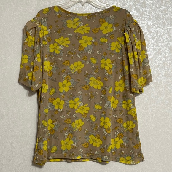 So It Is 2X Floral Print Top Puff Short Sleeve Shirt Yellow Brown Blouse Boho - Picture 2 of 5